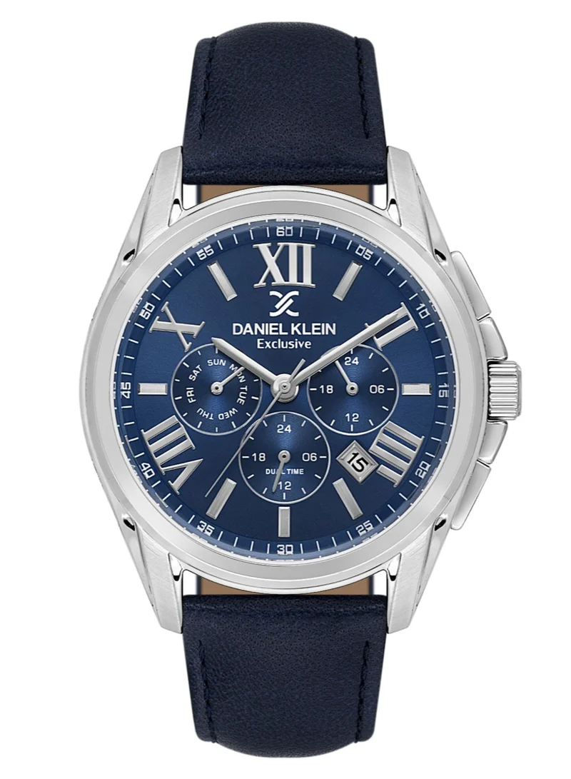 DANIEL KLEIN Men's Leather Silver Alloy Case Analog Dark Blue Round Sunray Dial Japanese Quartz Exclusive 50 Meters Water Resistant
